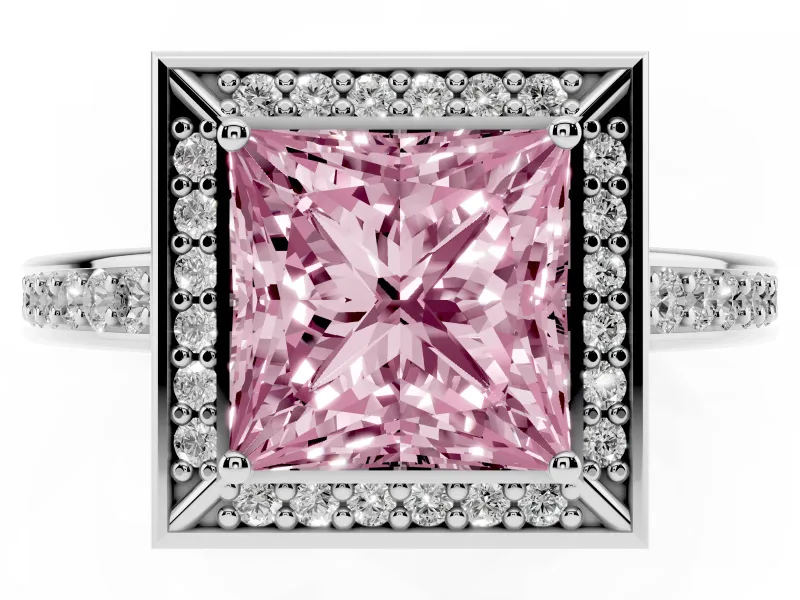 Fancy Pink Princess Cut Diamond Halo Pavé Split Shank Ring Set in White gold with Prong Setting