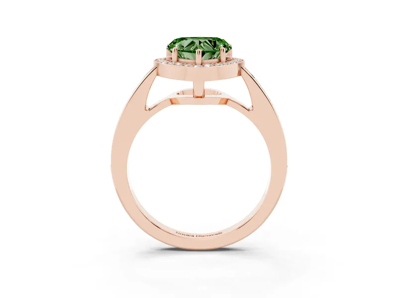 Fancy Green Heart Cut Diamond Halo Pavé Engagement Ring Set in Rose gold with Bezel Setting