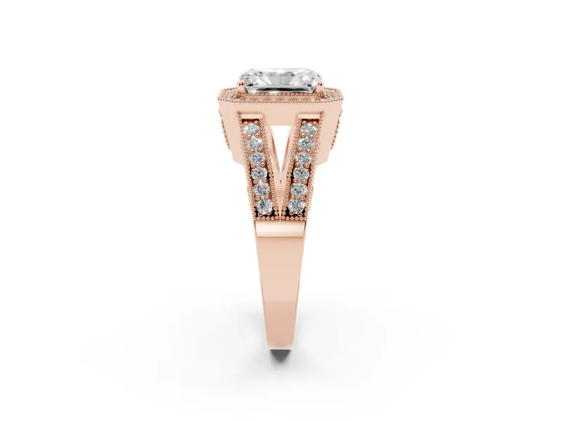 Radiant Cut Vintage Milgrain Halo Engagement Ring Setting | Pave Split Shank | Rose Gold