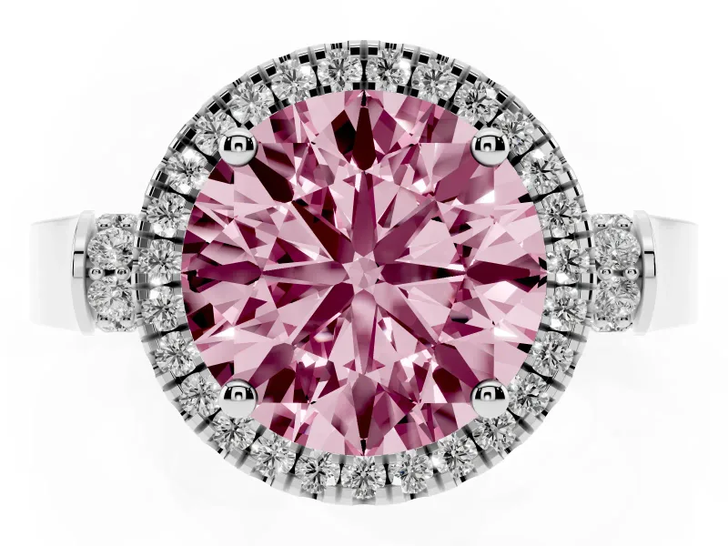 Round Pavé Halo Engagement Ring Setting for a Fancy Pink Lab-Grown Diamond | Platinum