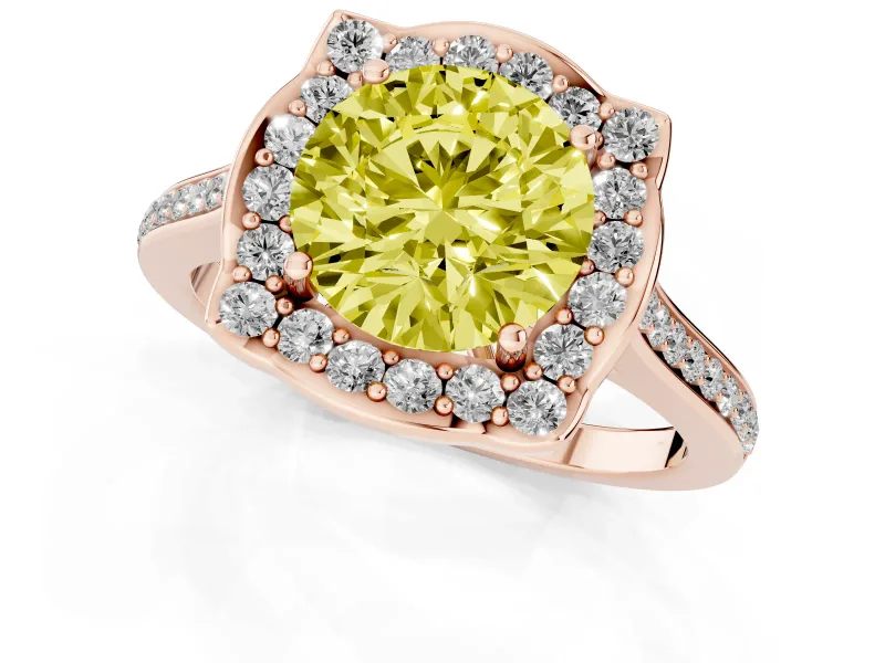 Round Halo Engagement Ring Setting for a Fancy Yellow Lab-Grown Diamond | Petal Tips | Rose Gold