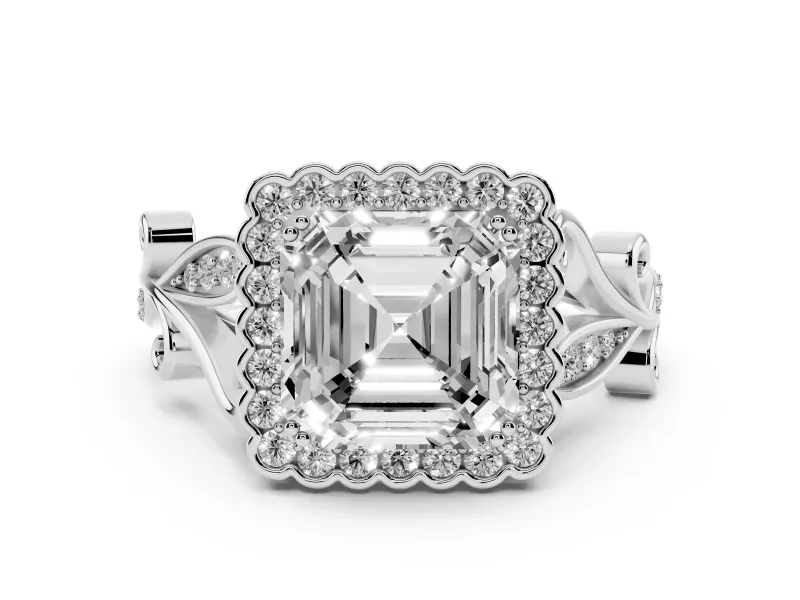 Asscher Cut Diamond Halo Ring Set in Platinum with Leaf Motif Split Shank and Prong Setting