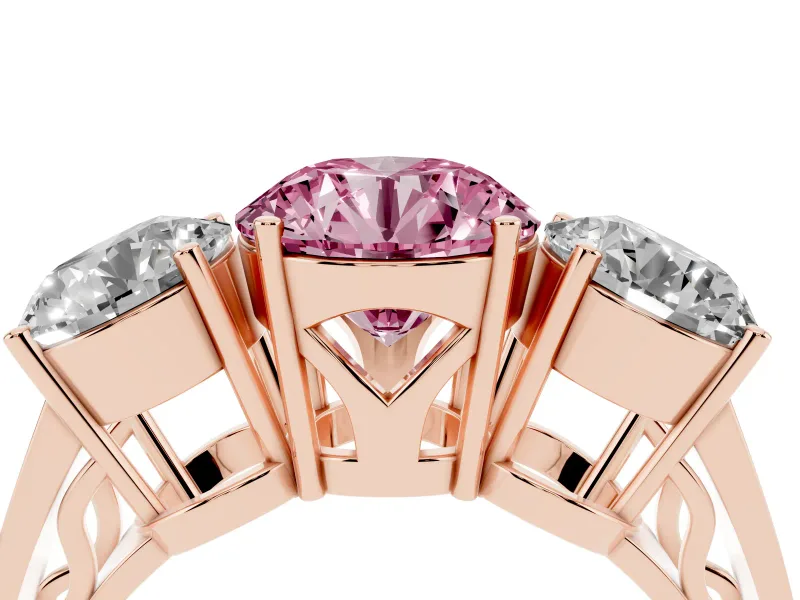 Round Engagement Ring Setting for a Fancy Pink Lab-Grown Diamond | Three Stone | Rose Gold
