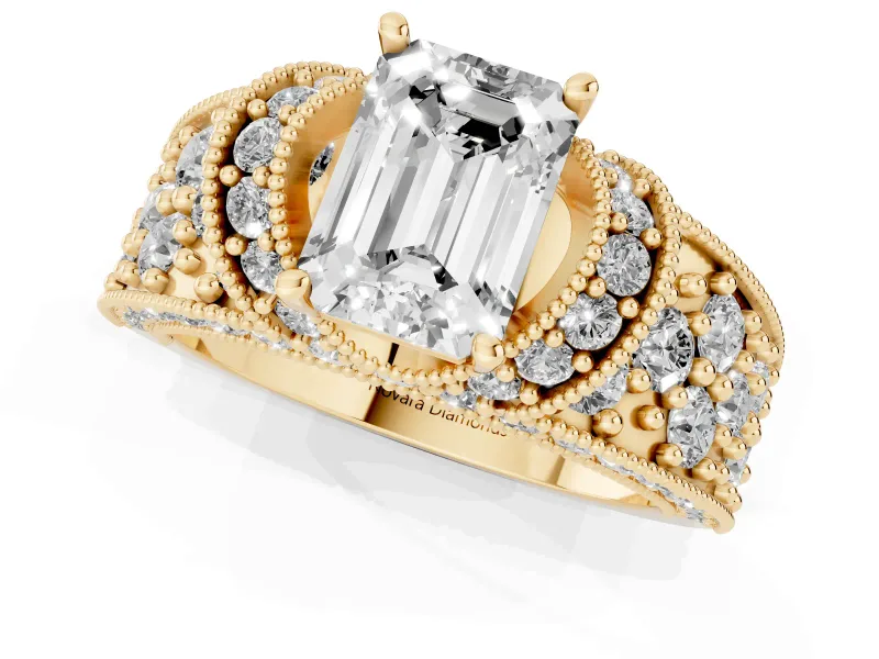 Emerald Cut Vintage Milgrain Pave Engagement Ring Setting | Crescent Side Rows | Yellow Gold