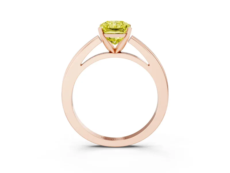 Fancy Yellow Radiant Cut Diamond Solitaire Ring Set in Rose gold with Prong Setting and Classic Band
