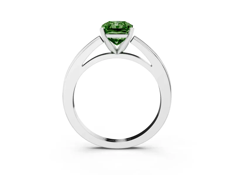 Fancy Green Radiant Cut Diamond Solitaire Ring Set in Platinum with Prong Setting and Classic Band