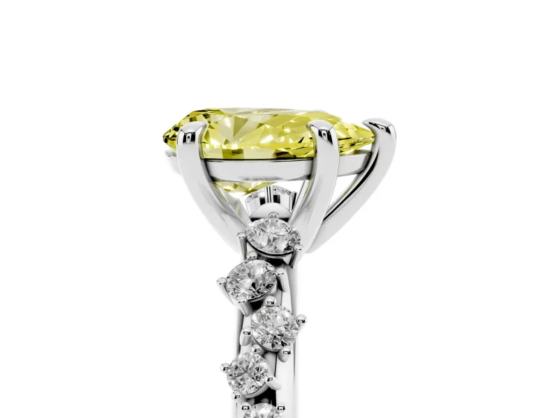 Fancy Yellow Pear Cut Diamond Solitaire Vine Band Ring Set in Silver with Round Accents and Prong Setting