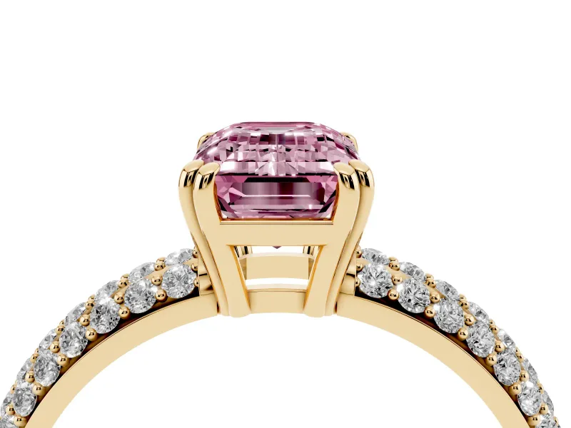 Emerald Cut Three Row Pave Engagement Ring Setting for a Fancy Pink Lab-Grown Diamond | Yellow Gold