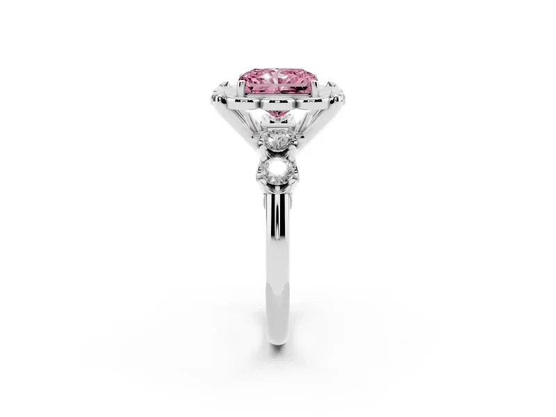 Fancy Pink Radiant Cut Diamond Floral Halo Ring Set in Platinum with Shared Prong Band