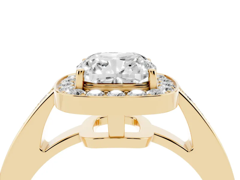 Cushion Cut Diamond Halo Pavé Engagement Ring Set in Yellow gold with Bezel Setting