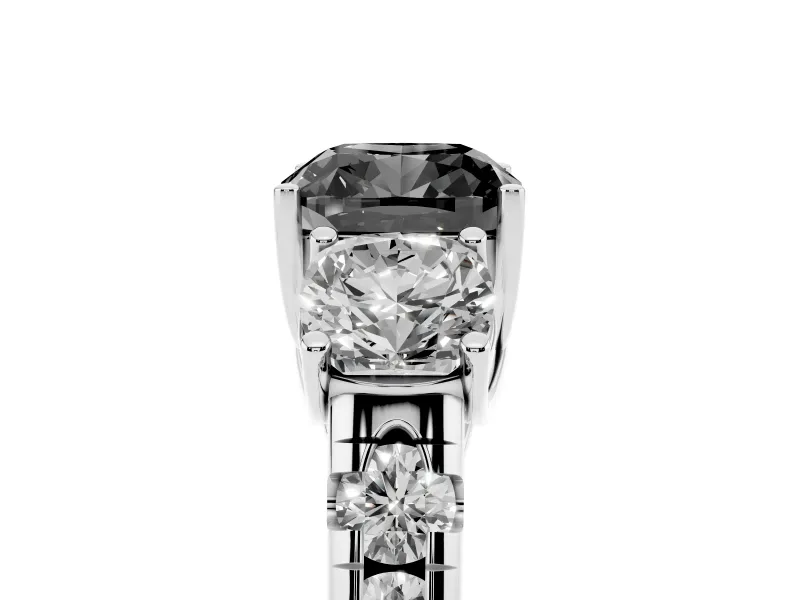 Fancy Black Cushion Cut Diamond Three-Stone Ring Set in Platinum with Pavé Band