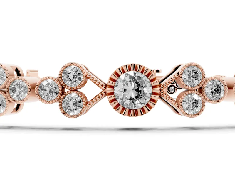 Round Lab-Grown Diamond Vintage Bezel Tennis Bracelet | Milgrain Trio Clusters | Rose Gold