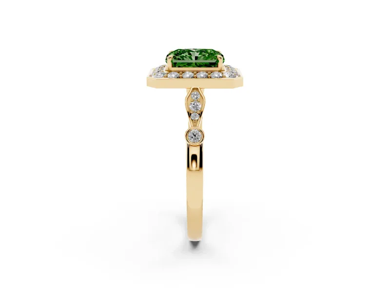 Radiant Cut Halo Engagement Ring Setting for a Fancy Green Lab-Grown Diamond | Bezel Station Shoulders | Yellow Gold