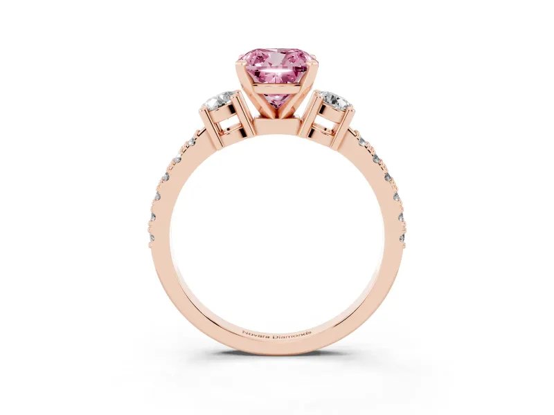 Cushion Cut Three Stone Pavé Engagement Ring Setting for a Fancy Pink Lab-Grown Diamond | Round Side Stones | Rose Gold