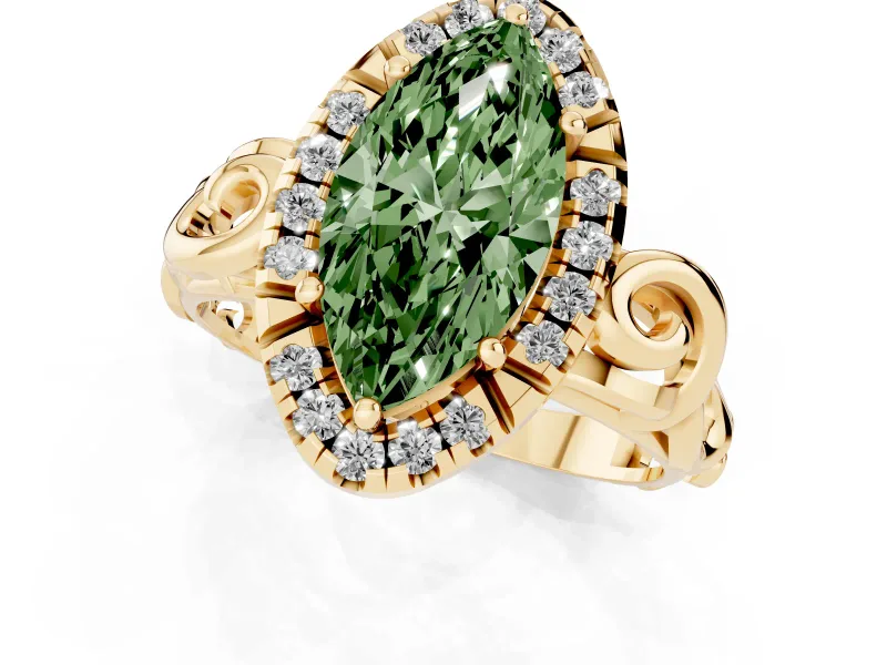 Marquise Filigree Halo Engagement Ring Setting for a Fancy Green Lab-Grown Diamond | Yellow Gold