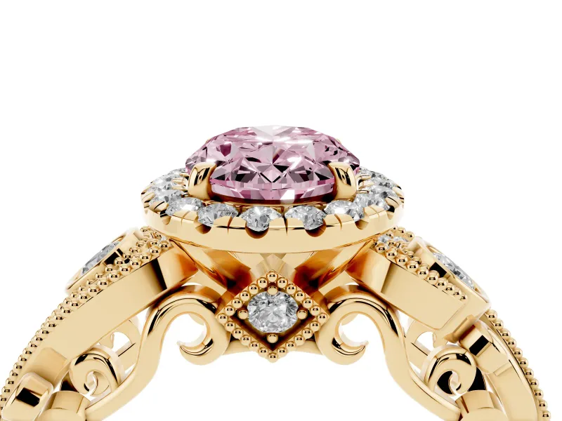 Fancy Pink Oval Cut Diamond Halo Ring Set in Yellow gold with Milgrain Pavé Band and Prong Setting