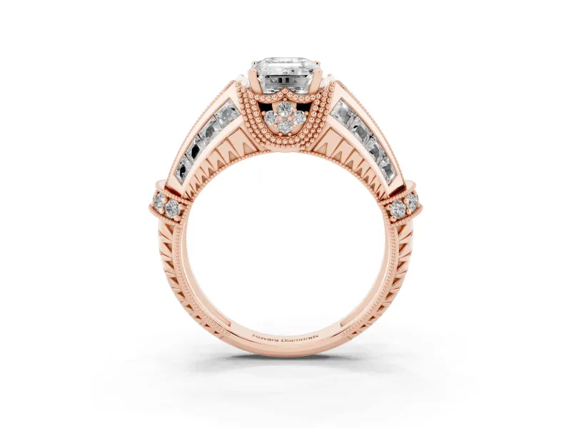 Emerald Cut Diamond Vintage-Inspired Milgrain Ring Set in Rose gold with Accent Split Shank