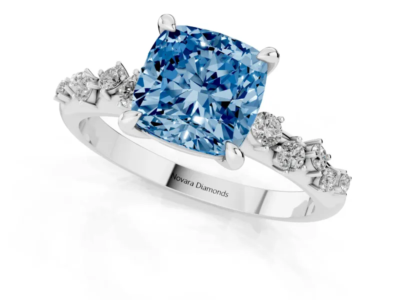 Fancy Blue Cushion Cut Diamond Solitaire Vine Band Ring Set in Silver with Round Accents and Prong Setting