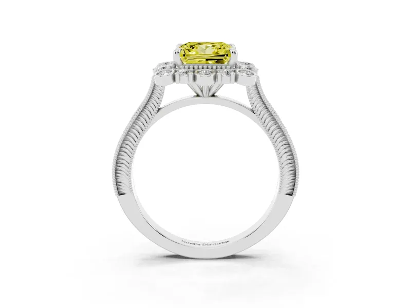 Fancy Yellow Princess Cut Diamond Halo Milgrain Pavé Ring Set in Platinum with Prong Setting