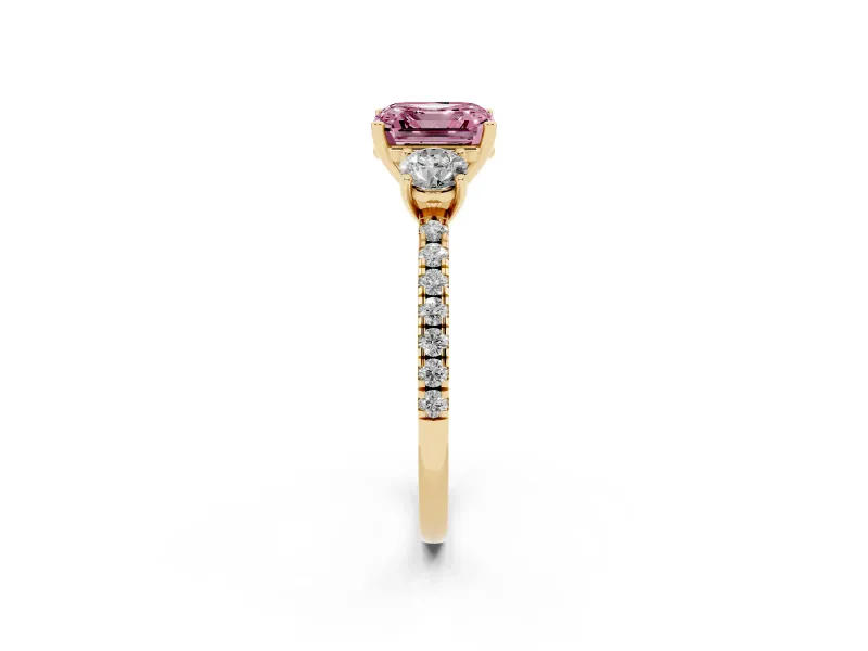 Asscher Cut Three Stone Engagement Ring Setting for a Fancy Pink Lab-Grown Diamond | Pave Shoulders | Yellow Gold