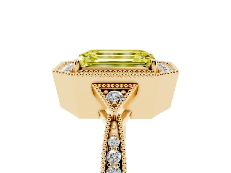 Emerald Cut Milgrain Halo Engagement Ring Setting for a Fancy Yellow Lab-Grown Diamond | Graduated Pavé | Yellow Gold