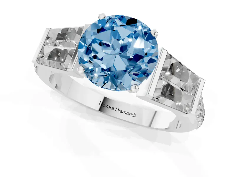 Fancy Blue Round Cut Diamond Engagement Ring Set in Silver with Baguette Side Stones and Channel Set Band