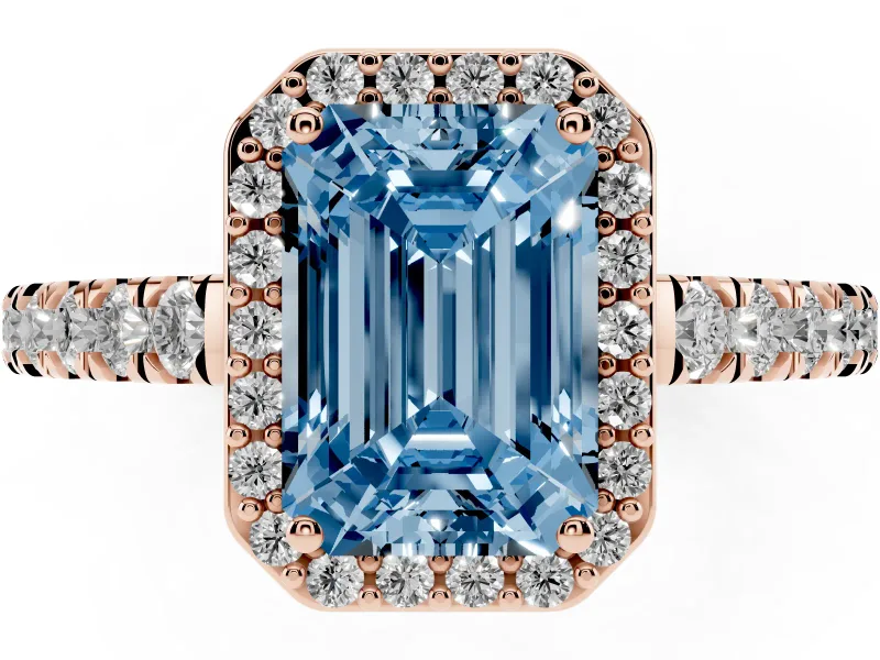 Emerald Cut Halo Pavé Engagement Ring Setting for a Fancy Blue Lab-Grown Diamond | Rose Gold