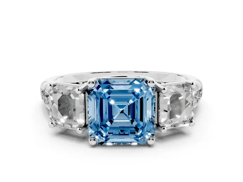 Fancy Blue Asscher Cut Diamond Three-Stone Ring Set in Platinum with Pavé Band