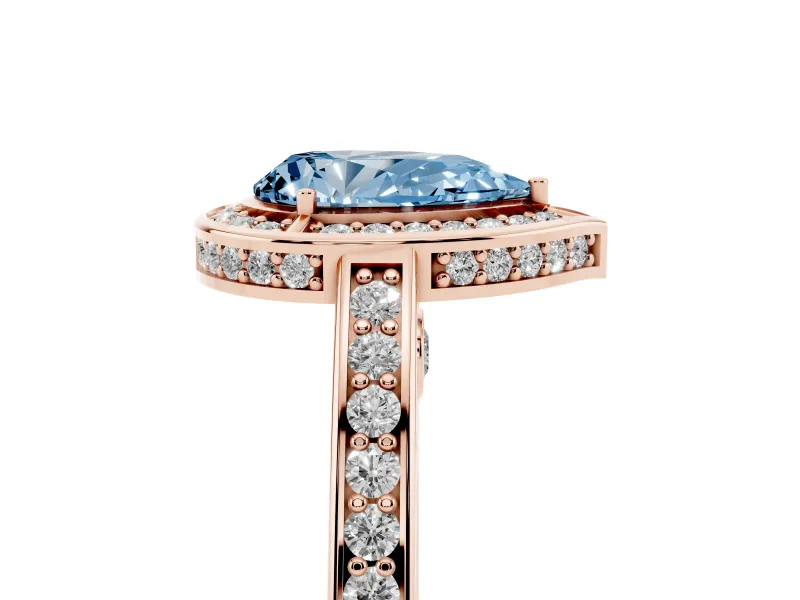 Fancy Blue Pear Cut Diamond Halo Pavé Split Shank Ring Set in Rose gold with Prong Setting
