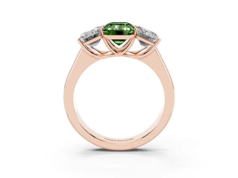 Emerald Cut Three Stone Engagement Ring Setting for a Fancy Green Lab-Grown Diamond | Basket Prong Heads | Rose Gold