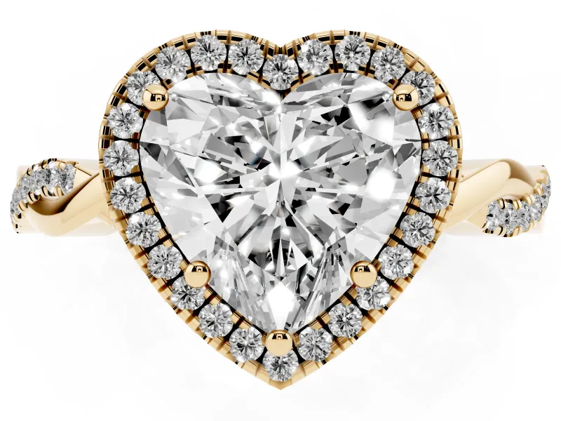 Heart Cut Diamond Halo Twisted Band Ring Set in Yellow gold with Prong Setting