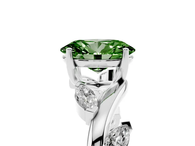 Fancy Green Oval Cut Diamond Solitaire Ring Set in White gold with Twisted Marquise Accent Band
