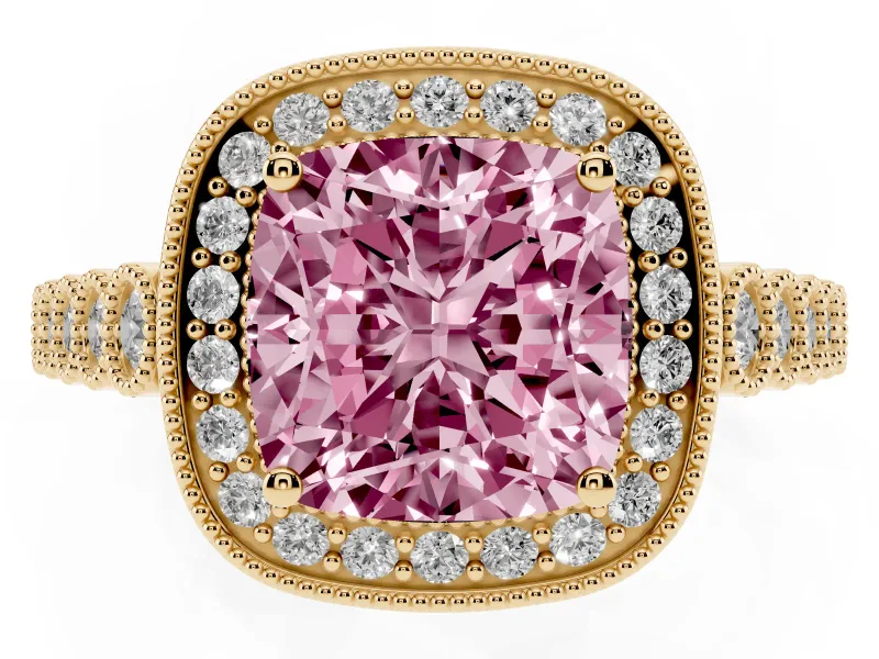 Cushion Cut Graduated Milgrain Halo Engagement Ring Setting for a Fancy Pink Lab-Grown Diamond | Yellow Gold
