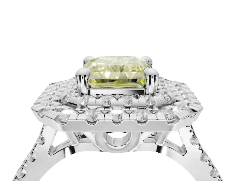 Canary Yellow Radiant Cut Lab-Grown Diamond Double Halo Statement Ring Set in White Gold with Pavé Band