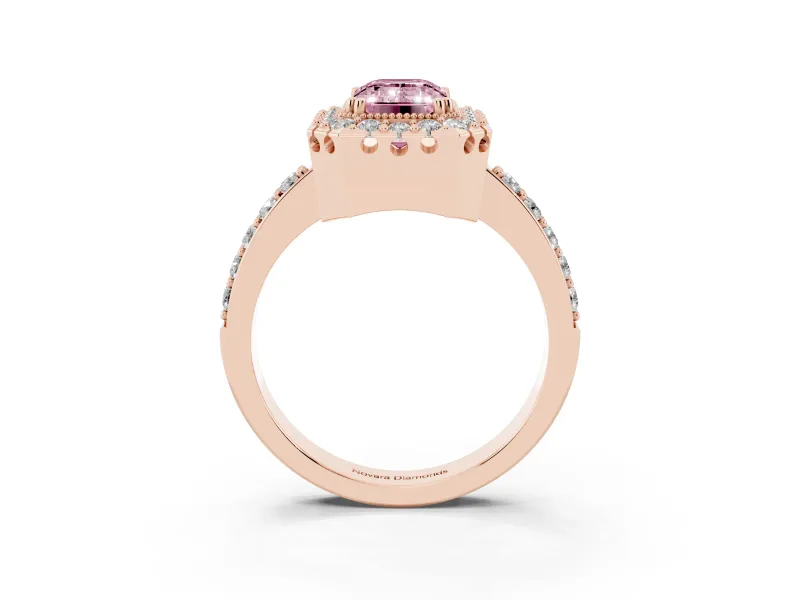 Emerald Cut Milgrain Halo Engagement Ring Setting for a Fancy Pink Lab-Grown Diamond | Pavé Shoulders | Rose Gold