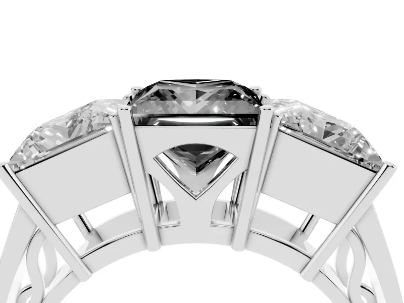 Princess Cut Three Stone Engagement Ring Setting for a Black Center | Beaded Shoulders | White Gold