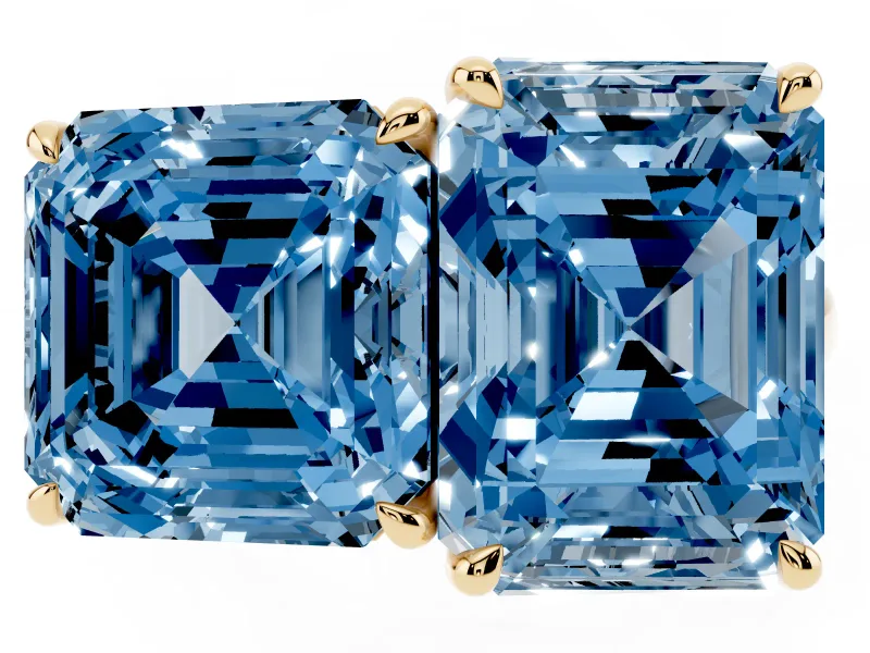 Fancy Blue Asscher Cut and Emerald Cut Toi Moi Ring Set in Yellow gold with Prong Setting