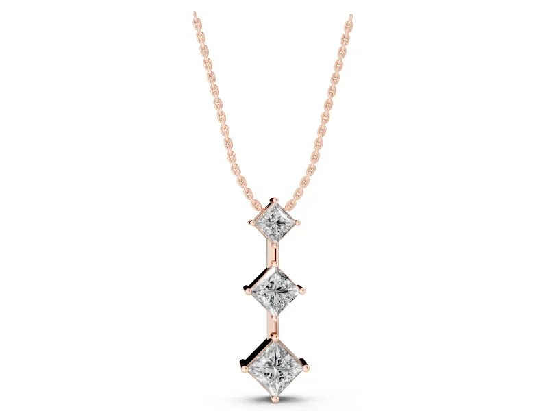 Princess Cut Lab-Grown Diamond Three-Stone Pendant Necklace | Set on Point | Rose Gold