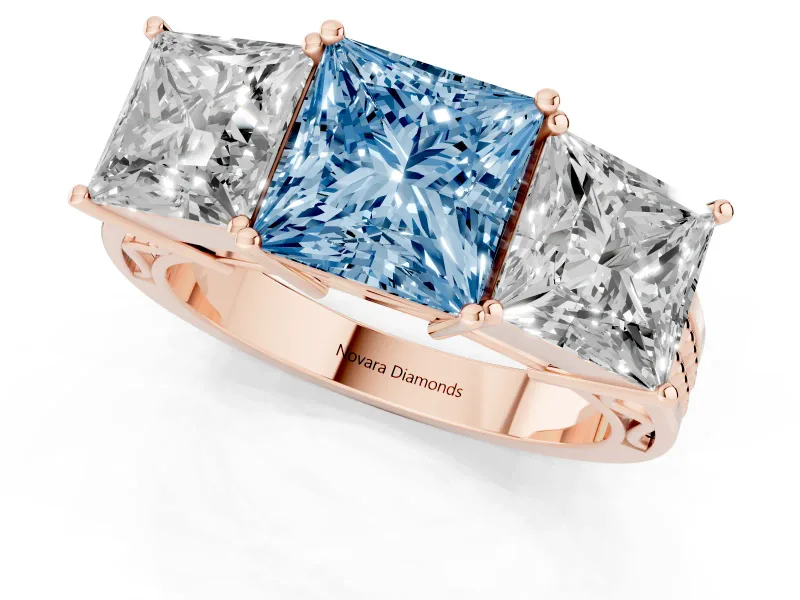 Princess Cut Three Stone Engagement Ring Setting for a Fancy Blue Lab-Grown Diamond | Beaded Shoulders | Rose Gold