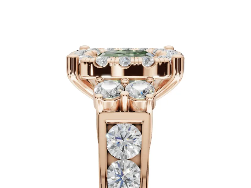Cushion Cut Halo Engagement Ring Setting for a Fancy Green Lab-Grown Diamond | Graduated Channel Band | Rose Gold