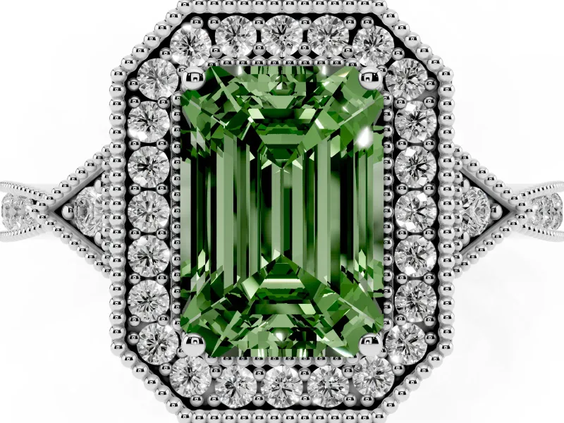 Fancy Green Emerald Cut Diamond Halo Engagement Ring Set in White gold with Milgrain Pavé Band