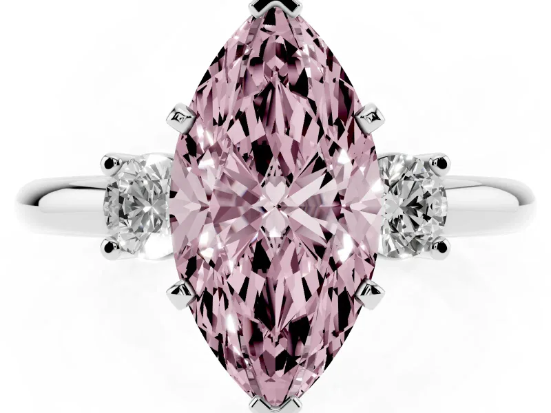 Fancy Pink Three-Stone Marquise Cut Diamond Ring Set in White gold with Prong Setting and Plain Band