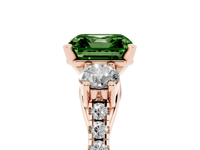 Fancy Green Three-Stone Asscher Cut Diamond Pavé Band Ring Set in Rose gold with Prong-Set Trio