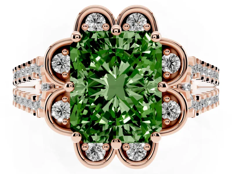 Radiant Cut Floral Halo Engagement Ring Setting for a Fancy Green Lab-Grown Diamond | Pavé Split Shank | Rose Gold