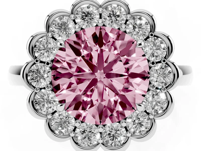 Round Scalloped Cluster Halo Engagement Ring Setting for a Fancy Pink Lab-Grown Diamond | Plain Band | Sterling Silver