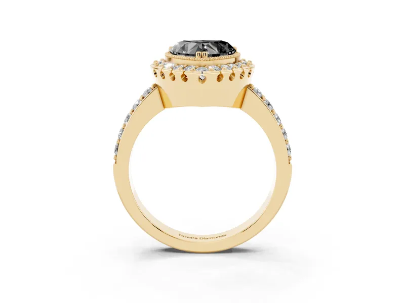 Heart-Shaped Milgrain Halo Engagement Ring Setting for a Black Center | Pavé Shoulders | Yellow Gold