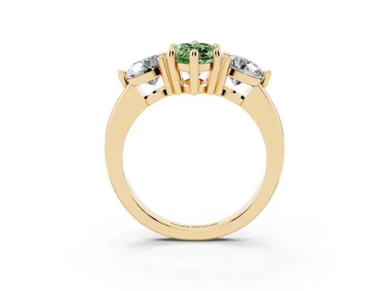 Fancy Green Marquise Cut Diamond Three-Stone Ring Set in Yellow gold with Prong Setting and Classic Band