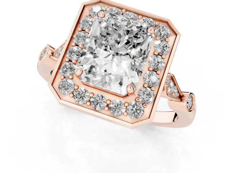 Radiant Cut Vintage Halo Engagement Ring Setting | Bezel Station Shoulders | Rose Gold