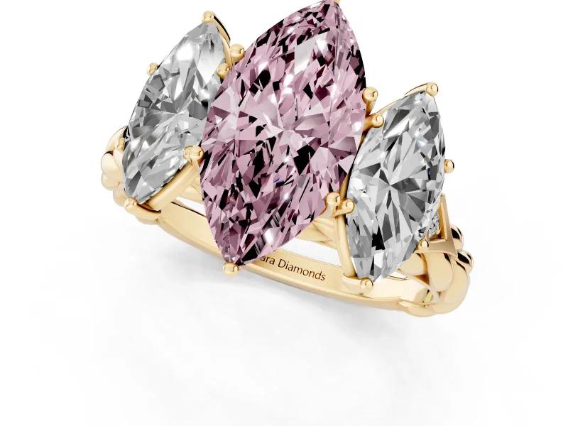 Fancy Pink Marquise Cut Diamond Three-Stone Ring Set in Yellow gold with Braided Band