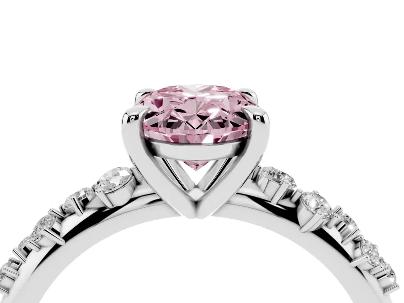 Fancy Pink Oval Cut Diamond Solitaire Vine Band Ring Set in Platinum with Round Accents and Prong Setting